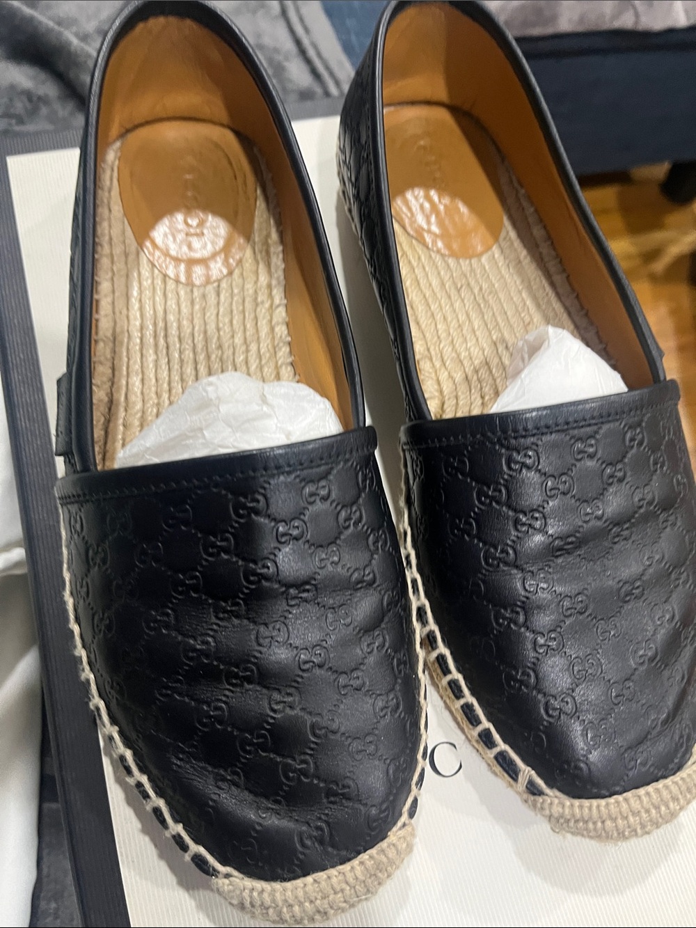 Gucci Black Embossed Leather Espadrille Flats - Women's